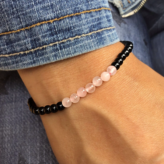 Pulsera cuarzo rosa con obsidiana negra